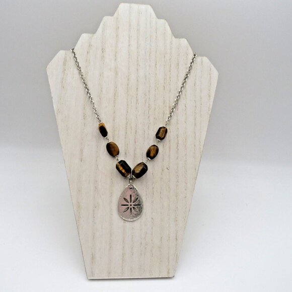 Sigrid Olsen Necklace Polished Tigers Eye Beads 20" Silver Tone Teardrop Pendant - Picture 2 of 5